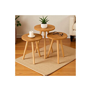 Yan Sehpa Ve Zigon Sehpa Ahşap Ayaklı Çam 3'lü Yuvarlak