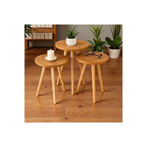 Yan Sehpa Ve Zigon Sehpa Ahşap Ayaklı Çam 3'lü Yuvarlak