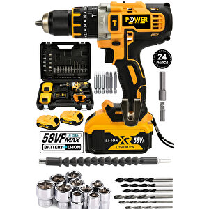 58 Vf 5ah Metal Şanzuman Çift Akülü Şarjlı Darbeli Matkap 24 Parça Akülü Vidalama
