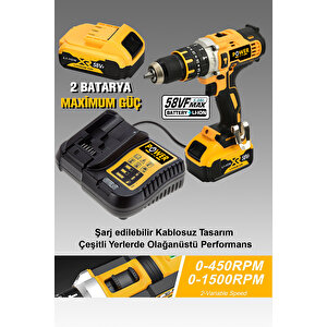 58 Vf 5ah Metal Şanzuman Çift Akülü Şarjlı Darbeli Matkap 24 Parça Akülü Vidalama