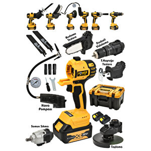 6 Lı Pro Set Taşlama Şarjlı Matkap Testere Tilki Kuyruğu Havalı Pompa Somun Sökme Sarı