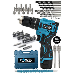 Power  Black  12v 1.5ah Metal Şanzıman 13mm Çelik Mandrenli Kömürsüz  Matkap Akülü Vidalama 84 Parça