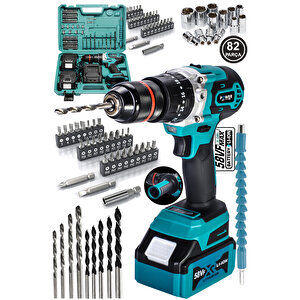 58 Vf 5ah Metal Şanzuman Kalın Batarya Çift Akülü Şarjlı Darbeli Matkap 82 Parça Akülü Vidalama