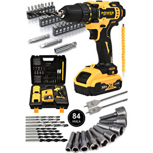 58 Vf 5 Ah Metal Şanzıman Çift Akülü Şarjlı Matkap 84 Parça Akülü Vidalama Set Sari