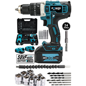58 Vf 5ah Metal Şanzuman Çift Akülü Şarjlı Darbeli Matkap 24 Parça Akülü Vidalama