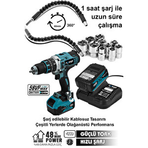 58 Vf 5ah Metal Şanzuman Çift Akülü Şarjlı Darbeli Matkap 24 Parça Akülü Vidalama
