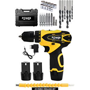 Şarjlı Matkap 24v 4ah Lion Armut Batarya Metal Şanzuman Çift Akülü Vidalama 24 Parça Set Sarı