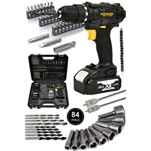 58 Vf 5 Ah Metal Şanzıman Çift Akülü Şarjlı Matkap 84 Parça Akülü Vidalama Set Sari