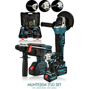 3 Lü Set Torklu Vidalama Somun Sıkma Şarjlı Matkap 2-26mm Şarjlı Taşlama 125mm