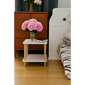 Kolay Kurulum Yan Sehpa Komodin Ahşap Ayaklı Beyaz Desenli Gazetelikli Kitaplıklı