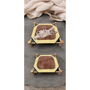 Dekoratif Ahşap Kedi Yatağı Peluş Matlı Yıkanabilir Evcil Kedi Yatağı Sarı