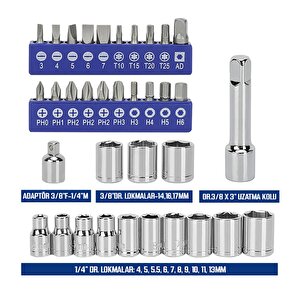 Wp200555 1/4'’ 1/2’’ 38 Parça Cr-v Lokma Ve Topaç Cırcır Araç Tamir Seti