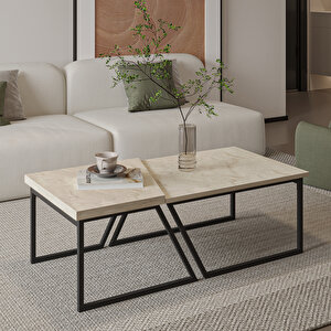 Verona İkili Orta Sehpa – Modern Tasarım Metal Ayaklı Sehpa Seti, Traverten Traverten