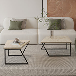 Verona İkili Orta Sehpa – Modern Tasarım Metal Ayaklı Sehpa Seti, Traverten Traverten