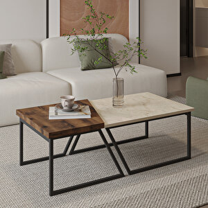 Verona İkili Orta Sehpa – Modern Tasarım Metal Ayaklı Sehpa Seti, Traverten/antik Ceviz A.Kahverengi-Bej