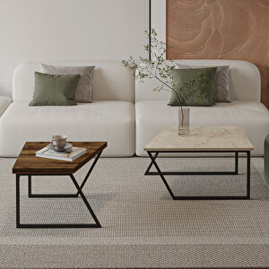 Verona İkili Orta Sehpa – Modern Tasarım Metal Ayaklı Sehpa Seti, Traverten/antik Ceviz A.Kahverengi-Bej