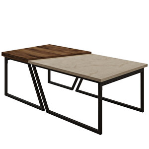 Verona İkili Orta Sehpa – Modern Tasarım Metal Ayaklı Sehpa Seti, Traverten/antik Ceviz