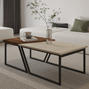 Verona İkili Orta Sehpa – Modern Tasarım Metal Ayaklı Sehpa Seti, Traverten/antik Ceviz