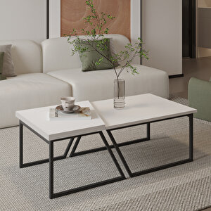 Verona İkili Orta Sehpa – Modern Tasarım Metal Ayaklı Sehpa Seti, Beyaz Beyaz