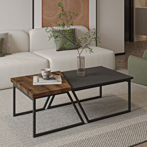 Verona İkili Orta Sehpa – Modern Tasarım Metal Ayaklı Sehpa Seti, Antrasit/antik Ceviz Antrasit Ceviz