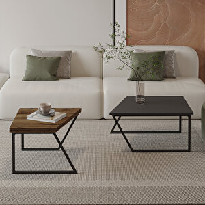 Verona İkili Orta Sehpa – Modern Tasarım Metal Ayaklı Sehpa Seti, Antrasit/antik Ceviz Antrasit Ceviz