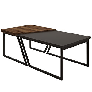 Verona İkili Orta Sehpa – Modern Tasarım Metal Ayaklı Sehpa Seti, Antrasit/antik Ceviz