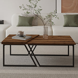 Verona İkili Orta Sehpa – Modern Tasarım Metal Ayaklı Sehpa Seti, Antik Ceviz Antik Ceviz