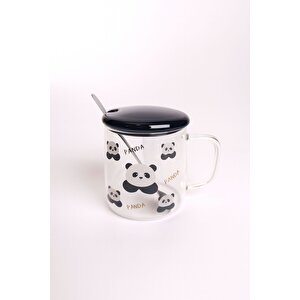 Sevimli Panda Figürlü Kaşıklı Borosilikat 380 Ml Kupa