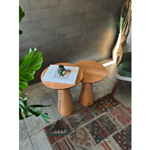 2'li Zigon Mantar Sehpa Mushroom | Masif Ahşap Modern Yan Sehpa Takımı (kayın)