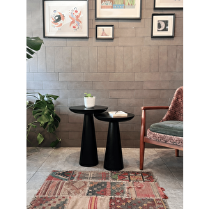 2'li Zigon Mantar Sehpa Mushroom | Masif Ahşap Modern Yan Sehpa Takımı (siyah)