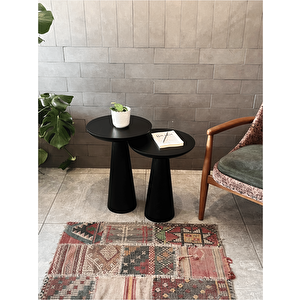 2'li Zigon Mantar Sehpa Mushroom | Masif Ahşap Modern Yan Sehpa Takımı (siyah)