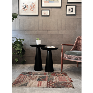 2'li Zigon Mantar Sehpa Mushroom | Masif Ahşap Modern Yan Sehpa Takımı (siyah)