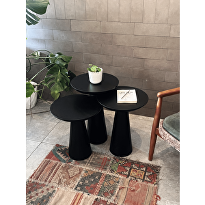 3'lü Zigon Mantar Sehpa Mushroom | Masif Ahşap Modern Yan Sehpa Takımı (siyah)