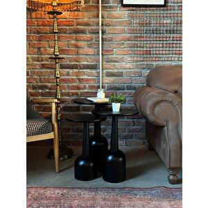 3’lü Zigon Mantar Sehpa Terra| Masif Ahşap Modern Yan Sehpa Takımı Siyah