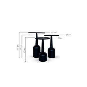 3’lü Zigon Mantar Sehpa Terra| Masif Ahşap Modern Yan Sehpa Takımı Siyah
