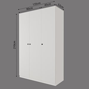 Kb8040 Goss 135 Cm Modern Beyaz Kapaklı Gardırop, 3 Kapaklı, 2 Askılı, 5 Raflı Elbise Dolabı