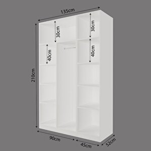 Kb8040 Goss 135 Cm Modern Beyaz Kapaklı Gardırop, 3 Kapaklı, 2 Askılı, 5 Raflı Elbise Dolabı