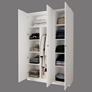 Kb8040 Goss 135 Cm Modern Beyaz Kapaklı Gardırop, 3 Kapaklı, 2 Askılı, 5 Raflı Elbise Dolabı