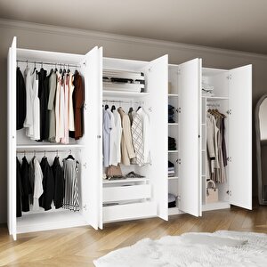 Kf2040 Goss 315 Cm Beyaz 7 Kapaklı Gardırop, 4 Askılı, Raflı,2 Yüklüklü Ve 2 Çekmeceli Elbise Dolabı