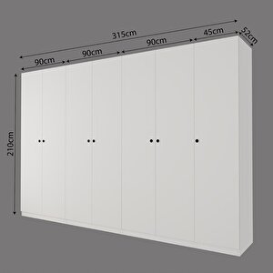 Kf2040 Goss 315 Cm Beyaz 7 Kapaklı Gardırop, 4 Askılı, Raflı,2 Yüklüklü Ve 2 Çekmeceli Elbise Dolabı
