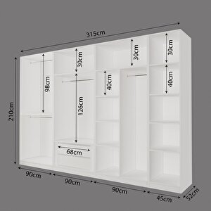 Kf2040 Goss 315 Cm Beyaz 7 Kapaklı Gardırop, 4 Askılı, Raflı,2 Yüklüklü Ve 2 Çekmeceli Elbise Dolabı