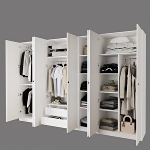 Kf2040 Goss 315 Cm Beyaz 7 Kapaklı Gardırop, 4 Askılı, Raflı,2 Yüklüklü Ve 2 Çekmeceli Elbise Dolabı