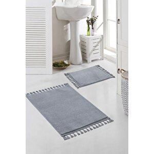 Vl Yıkanabilir Premium Ponpon Saçaklı Kaymaz Taban Post Peluş Banyo Paspası 2'li Takım Antrasit Gri