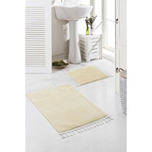 Vl Yıkanabilir Premium Ponpon Saçaklı Kaymaz Taban Post Peluş Banyo Paspası 2'li Takım Antrasit Bej