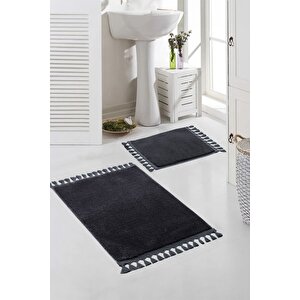 Vl Yıkanabilir Premium Ponpon Saçaklı Kaymaz Taban Post Peluş Banyo Paspası 2'li Takım Antrasit Antrasit