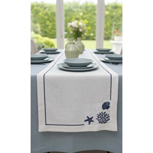 Marine Desenli Beyaz Zemin Nakışlı Runner 45x145 Cm