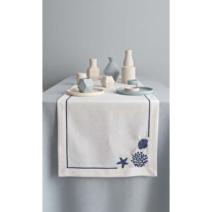 Marine Desenli Beyaz Zemin Nakışlı Runner 45x145 Cm