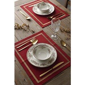 Kırmızı Gold Çerçeve Nakışlı 2' Li Amerikan Servis Seti