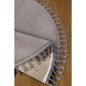 Rölyef Aden Daire Gri Kaymaz Taban Kesme Halı Pon Pon 120x120 cm