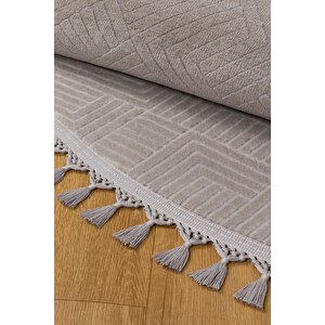 Rölyef Aden Daire Gri Kaymaz Taban Kesme Halı Pon Pon 120x120 cm